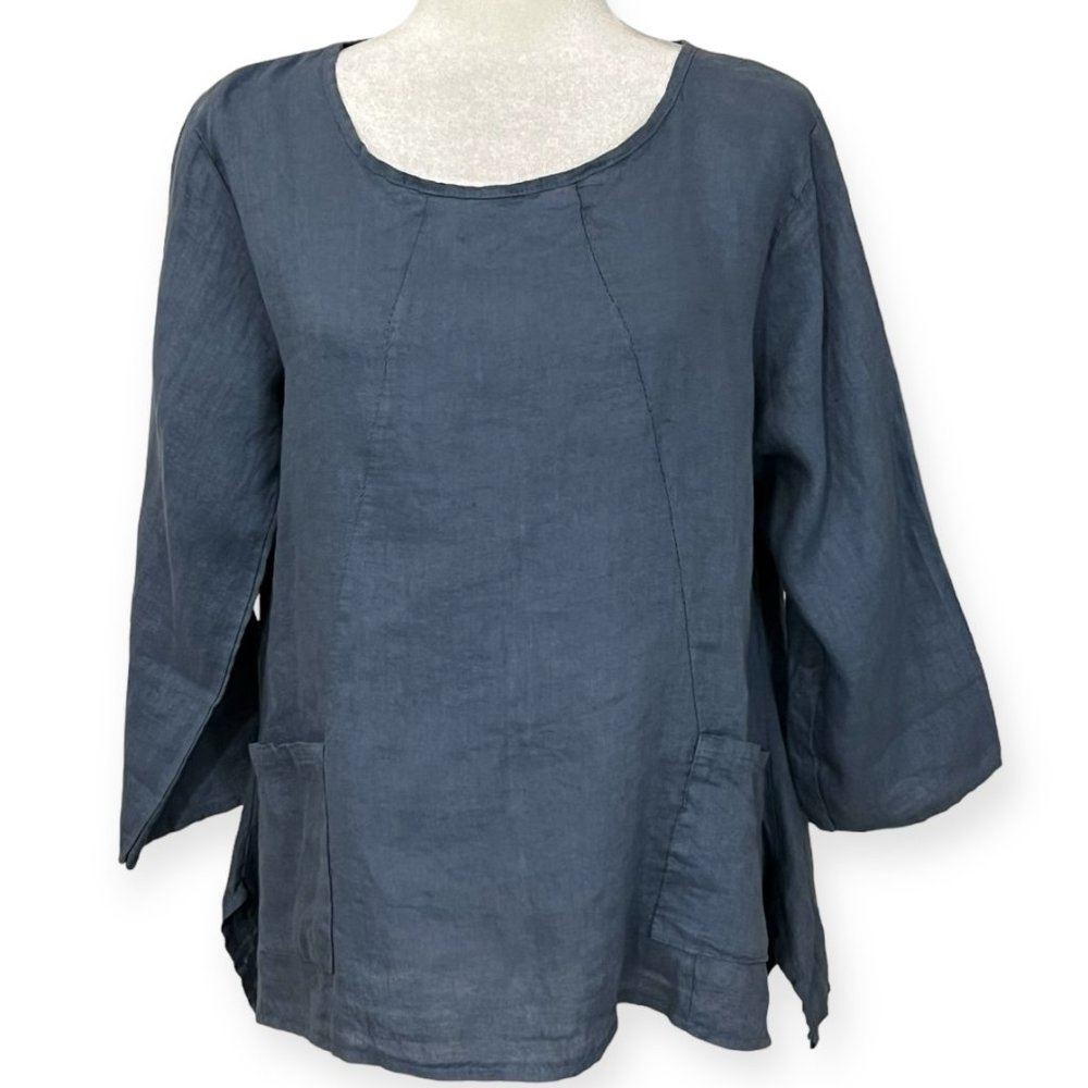 NWT Gigi Moda Italy Linen Top M Navy Blue Loose Fit 3/4 Sleeve Tunic Blouse